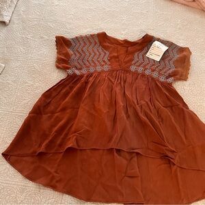 Cinnoman Brown & Light Blue Indian Patterned Raw Linen Gathered Empire Waist Fit